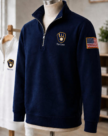 All Baseball Teams Embroidered Logo and Us Flag Premium Quarter Zip Sweatshirt, Inspired Quarter Zip Sweater, Unisex Baseball Sweatshirt