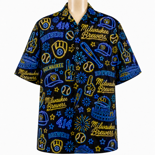 MB Baseball Teams Neon Pattern Vibe Summer Party Button-Up Unisex Hawaiian Shirt For Men and Women