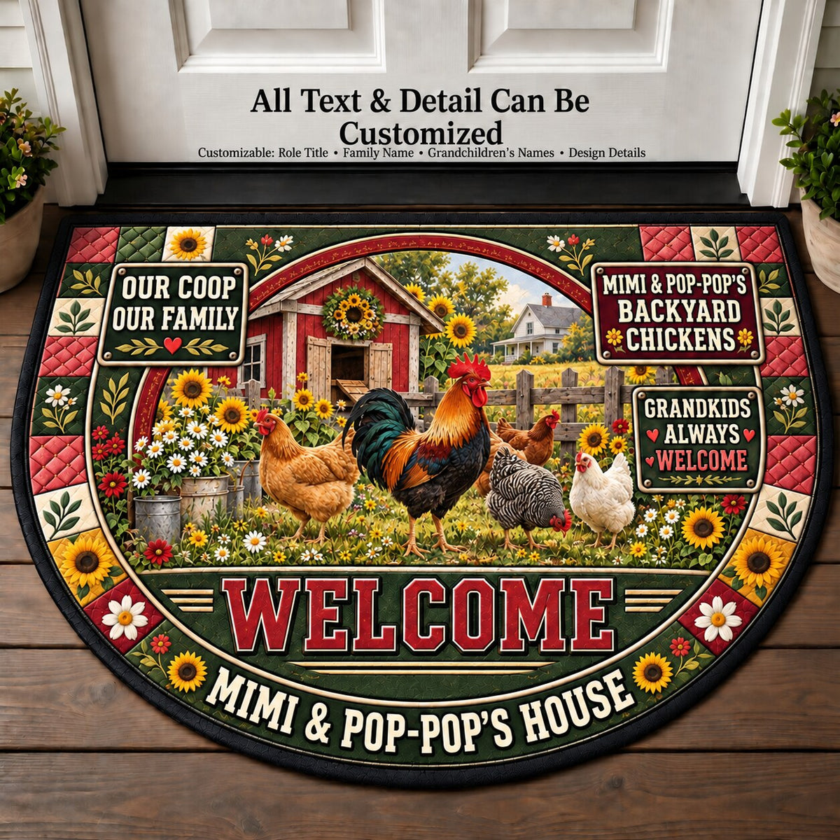 Mimi & Pop-Pop's Backyard Chickens Personalized Half Round Mat | 5To9Vibe