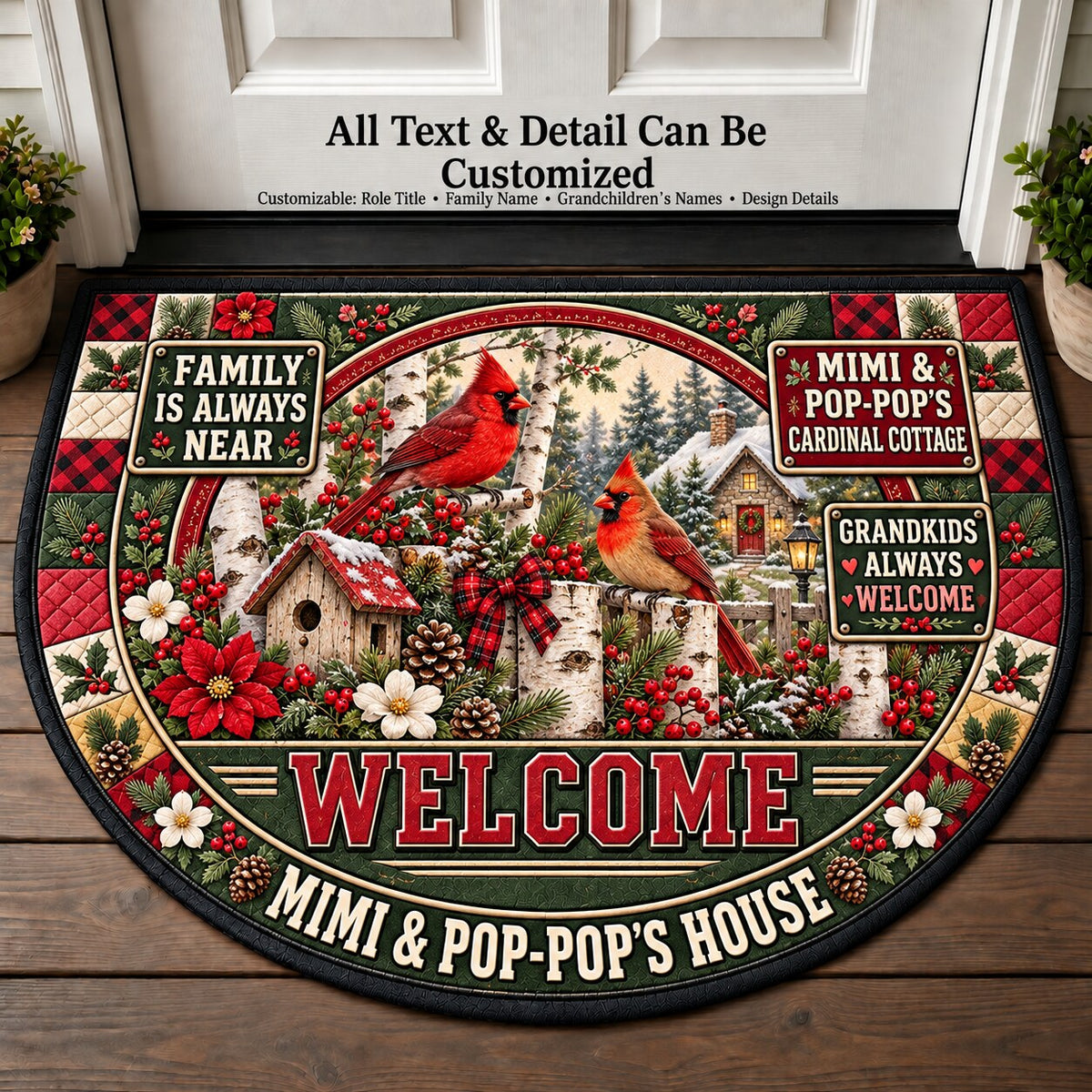 Mimi & Pop-Pop's Cardinal Cottage Personalized Half Round Mat | 5To9Vibe