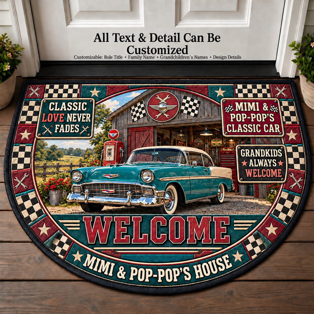 Mimi & Pop-Pop's Classic Car Family Personalized Half Round Mat | 5To9Vibe