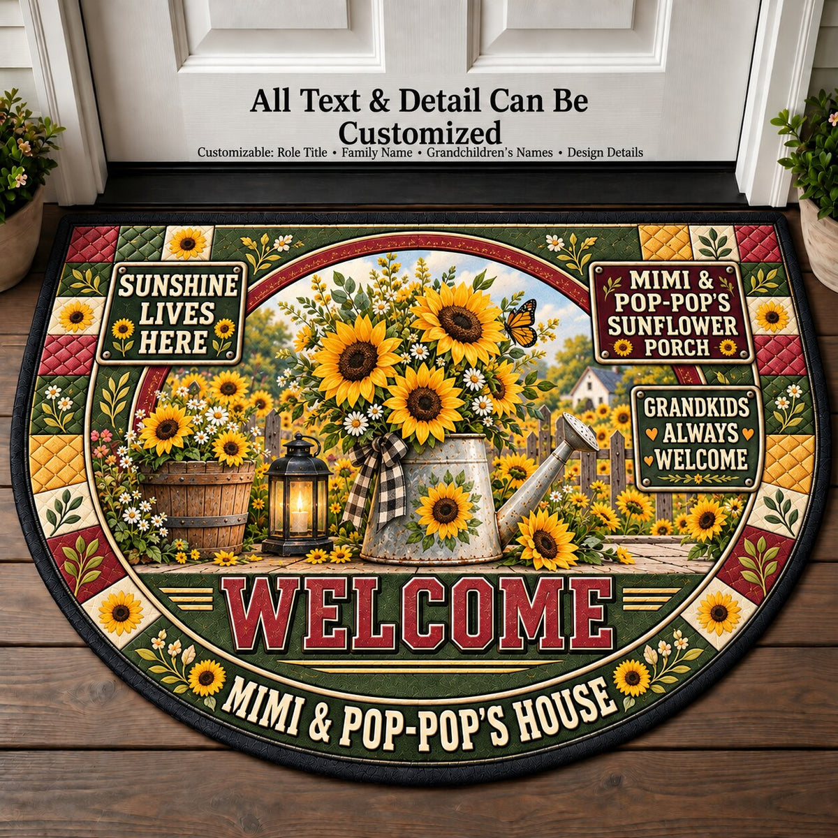 Mimi & Pop-Pop's Sunflower Porch Personalized Half Round Mat | 5To9Vibe