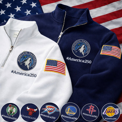 Basketball Logo America 250 Anniversary Anniversary Embroidered Logo Premium Quarter Zip Sweatshirt, Unisex Football Sweatshirt-Sweatshirts-5TO9VIBE