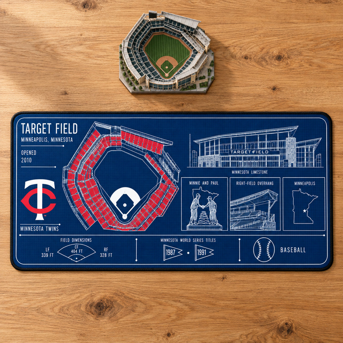 Minnesota Twins Target Field blueprint desk mat, 16" x 32", on a wooden desk with a decorative stadium model