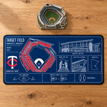 Minnesota Twins Target Field blueprint desk mat, 16" x 32", on a wooden desk with a decorative stadium model