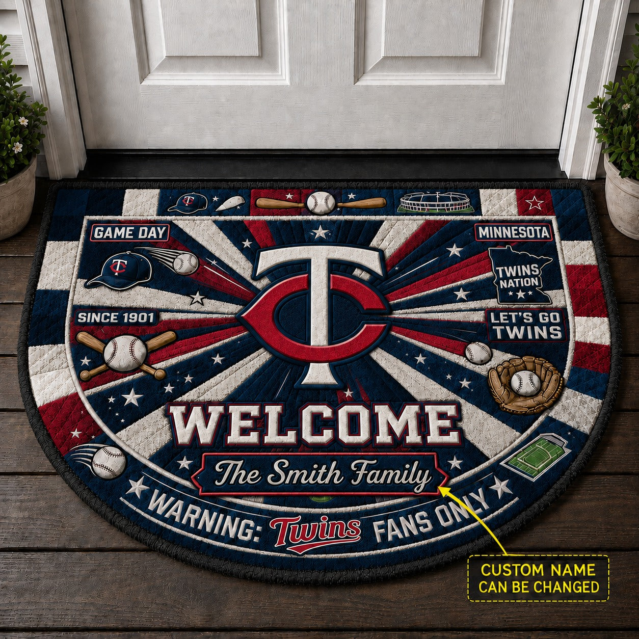 Official-Inspired Baseball Fan Custom Quilted Print Premium Welcome Mat Washable Black Border – Personalized Baseball Doormat