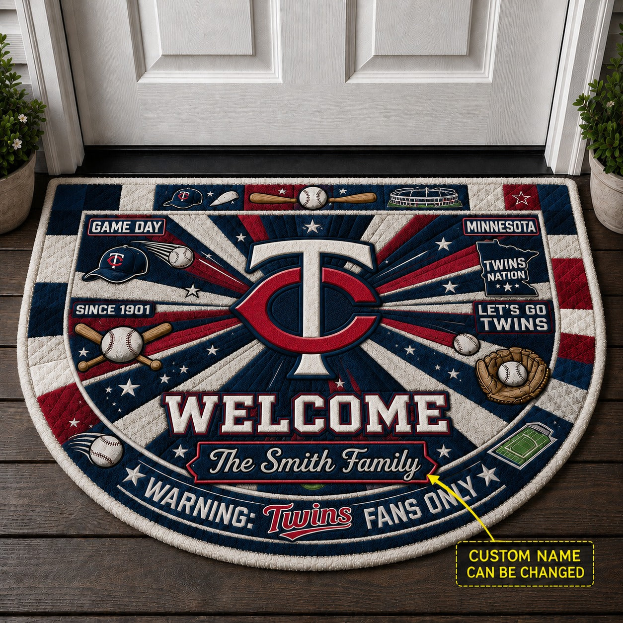 Official-Inspired Baseball Fan Custom Quilted Print Premium Welcome Mat Washable Black Border – Personalized Baseball Doormat