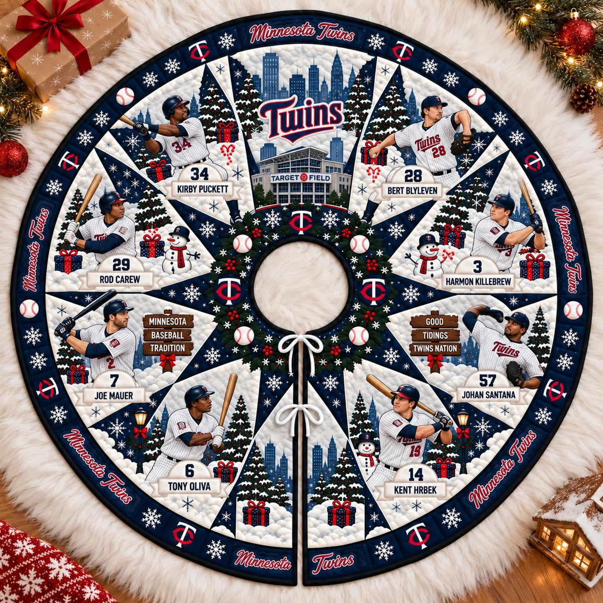 All Baseball Teams Vintage Players & Stadium Holiday Quilt Christmas Skirt Tree for Baseball Fans - 5To9Vibe