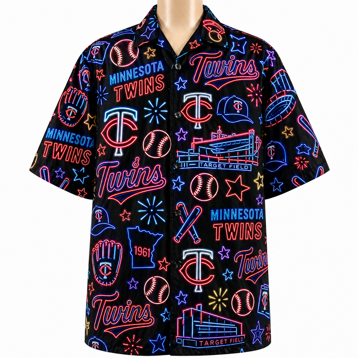 All Baseball Teams Neon Pattern Vibe Summer Party Button-Up Unisex Hawaiian Shirt For Men and Women