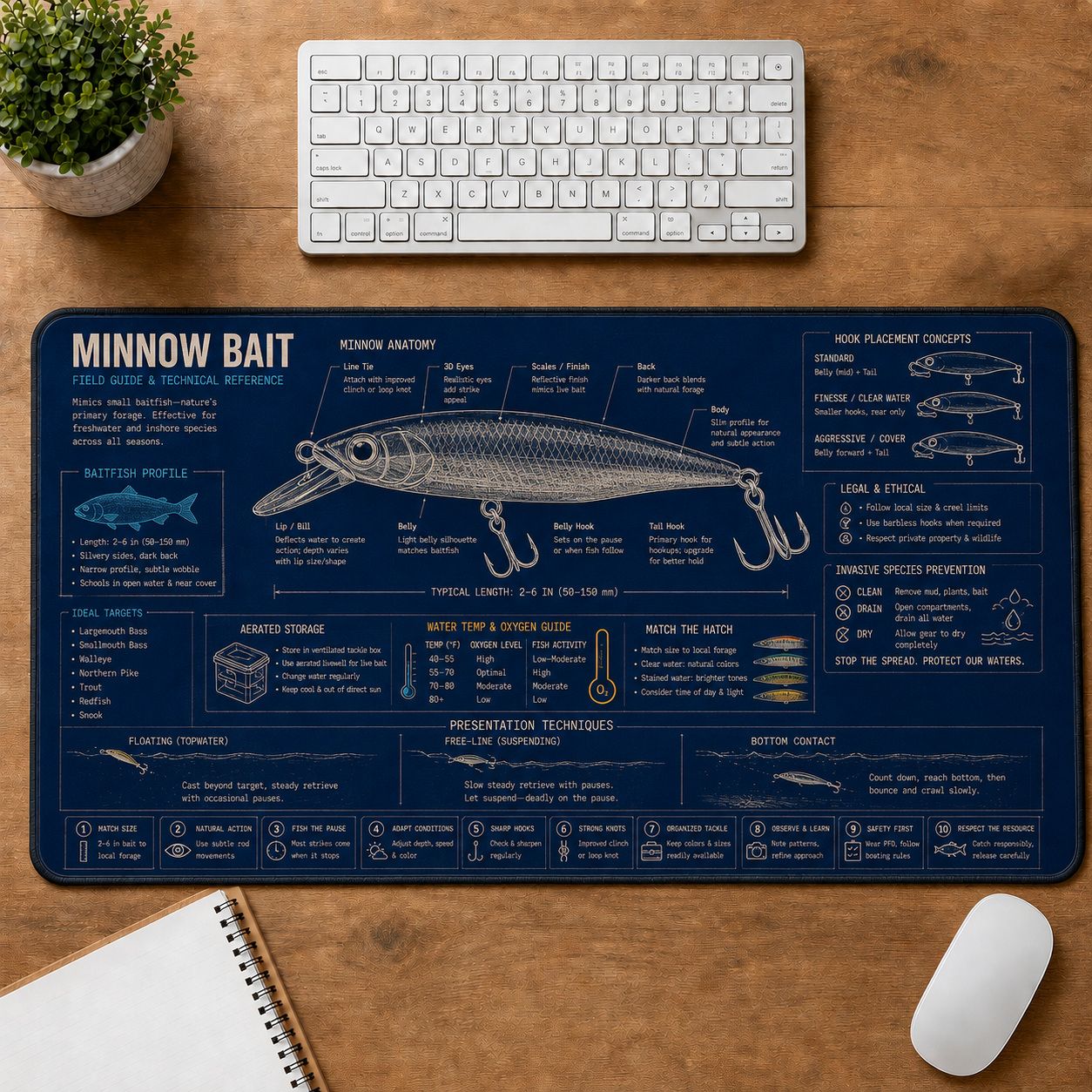 Minnow Bait Fishing Field Guide Desk Mat | 5To9Vibe