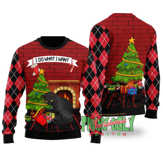 Mischievous Black Cat Funny Christmas Sweater Black