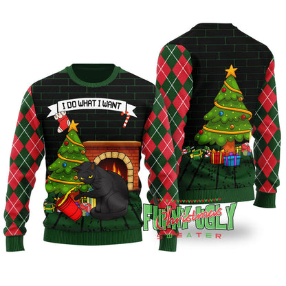 Mischievous Black Cat Funny Christmas Sweater Forest Green