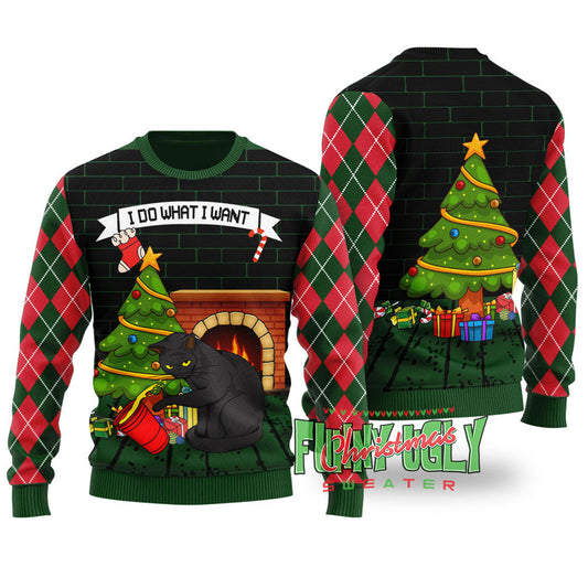 Mischievous Black Cat Funny Christmas Sweater Forest Green