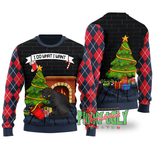 Mischievous Black Cat Funny Christmas Sweater Navy