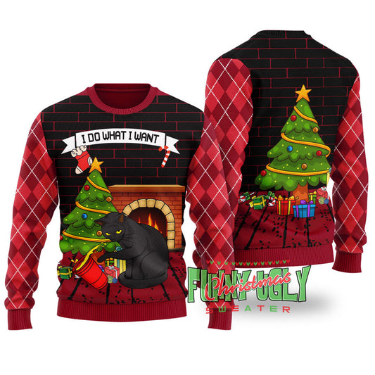 Mischievous Black Cat Funny Christmas Sweater Cardinal Red