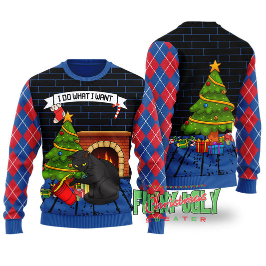 Mischievous Black Cat Funny Christmas Sweater Royal