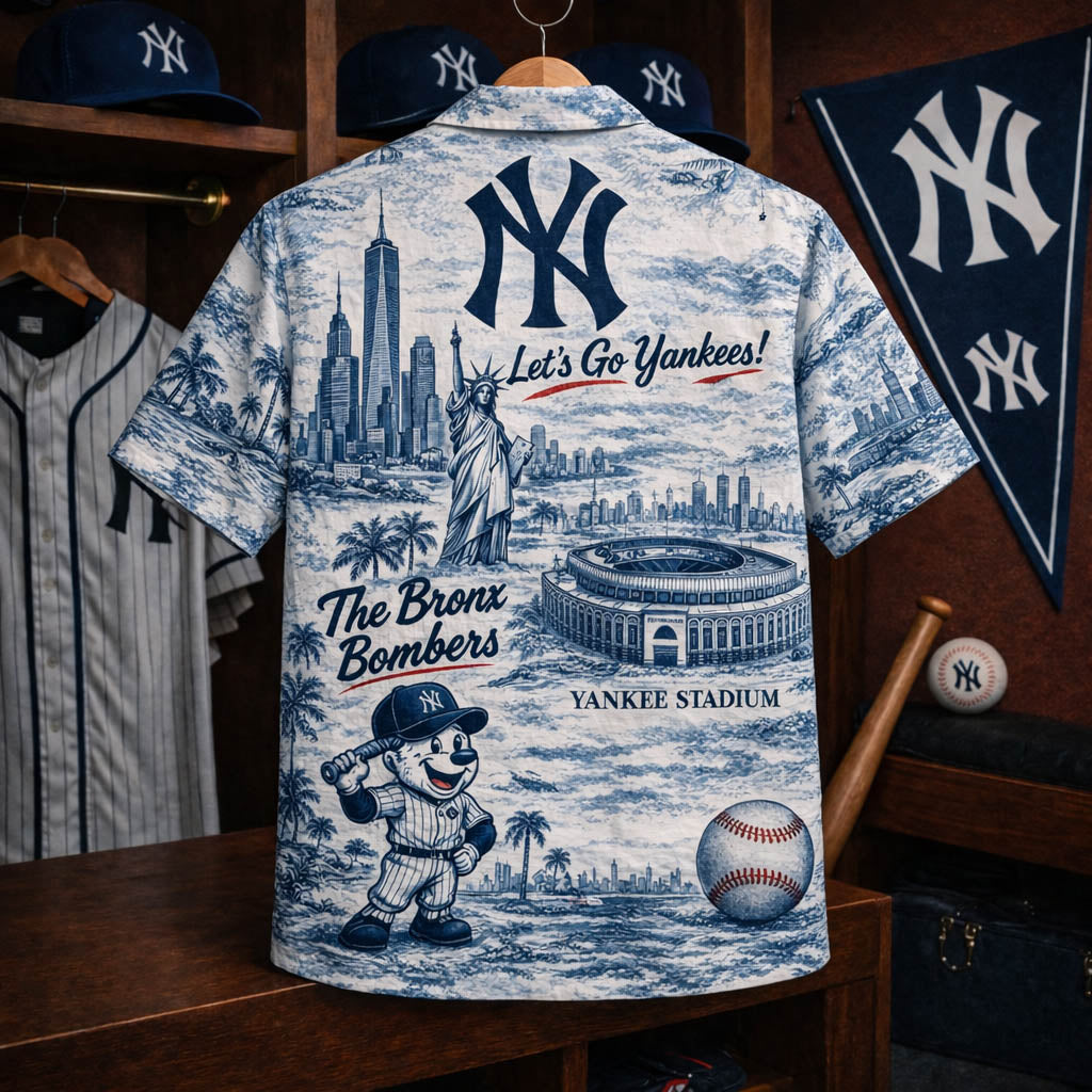 Camisa hawaiana con botones de la mascota de béisbol de los Yankees de Nueva York
