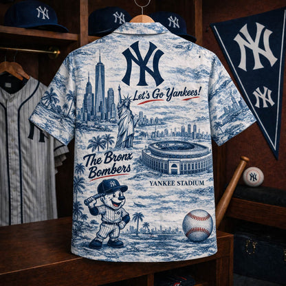 Camisa hawaiana con botones de la mascota de béisbol de los Yankees de Nueva York