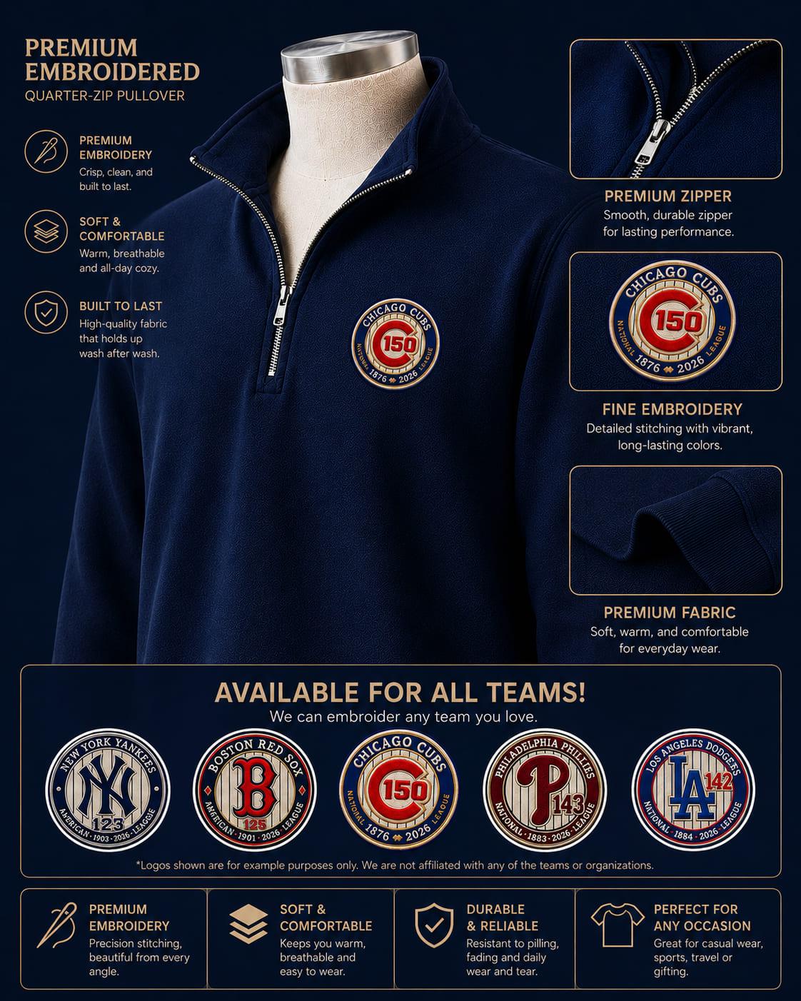 All Baseball Teams Embroidered Logo Anniversary  Premium Quarter Zip Sweatshirt, Inspired Quarter Zip Sweater, Unisex Baseball Sweatshirt