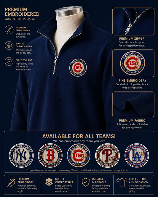 All Baseball Teams Embroidered Logo Anniversary  Premium Quarter Zip Sweatshirt, Inspired Quarter Zip Sweater, Unisex Baseball Sweatshirt