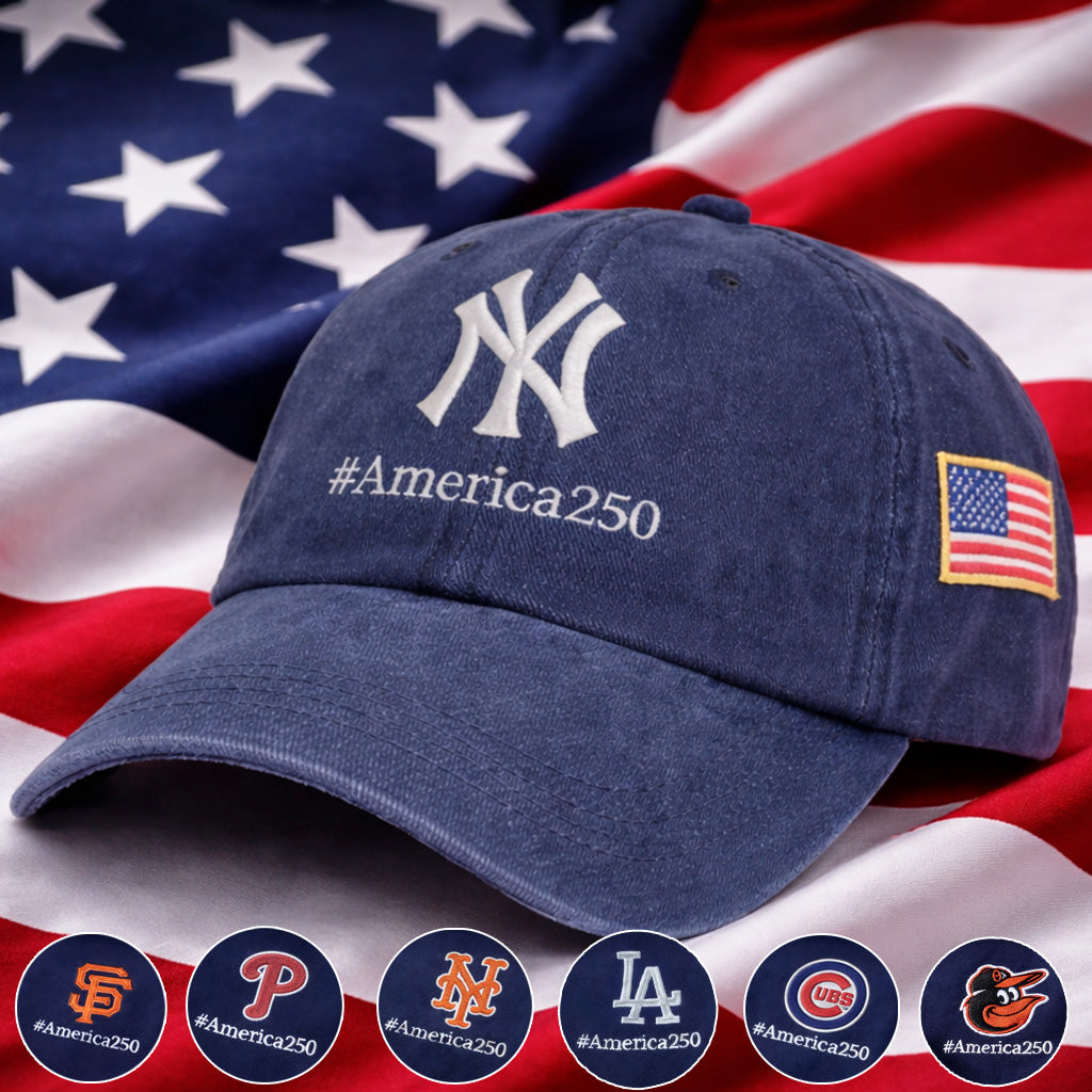Blue cap with '#America250' text on an American flag background