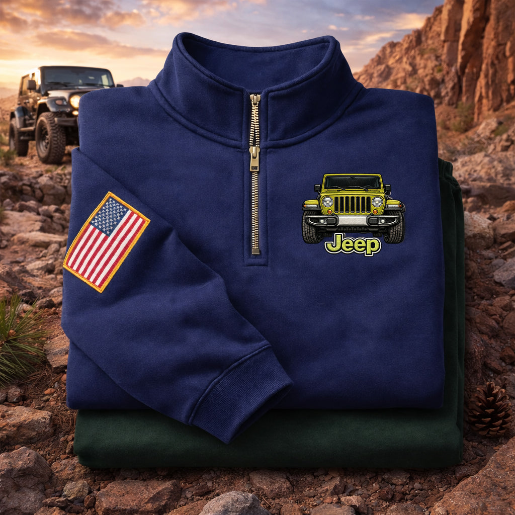 Sudadera prémium unisex Jeep bordada con cremallera de cuarto, suéter con cremallera de cuarto inspirado