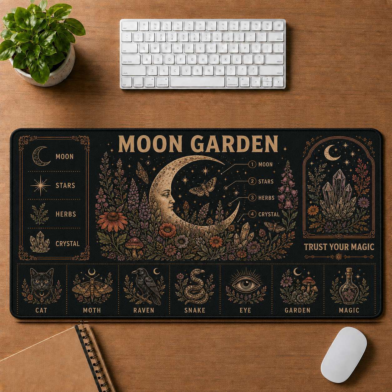 Lunar Magic Hippie Desk Mat Mouse Pad | 5To9Vibe - Moon Garden style