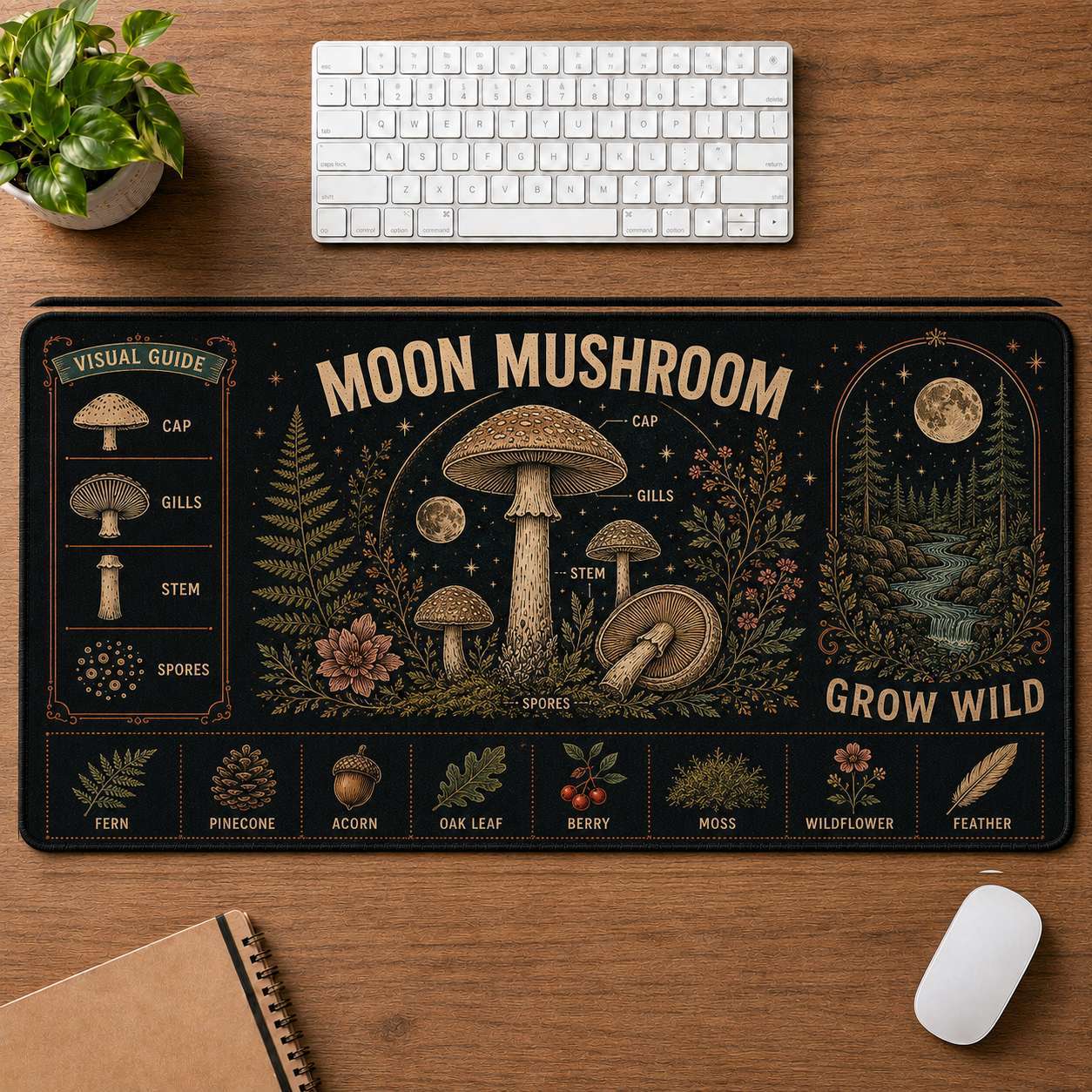 Mushroom & Moon Hippie Desk Mat Mouse Pad | 5To9Vibe - Moon Mushroom style