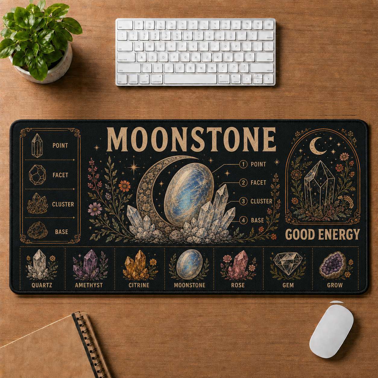Crystal & Flowers Hippie Desk Mat Mouse Pad | 5To9Vibe - Moonstone style