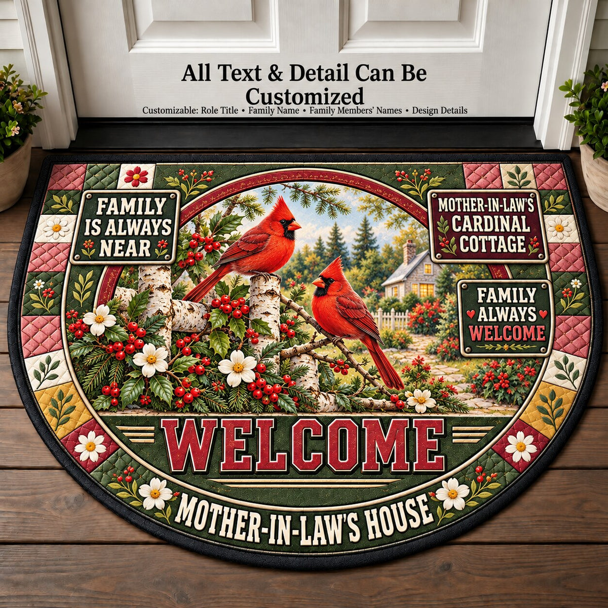 Mother-in-Law's Cardinal Cottage Personalized Half Round Mat | 5To9Vibe