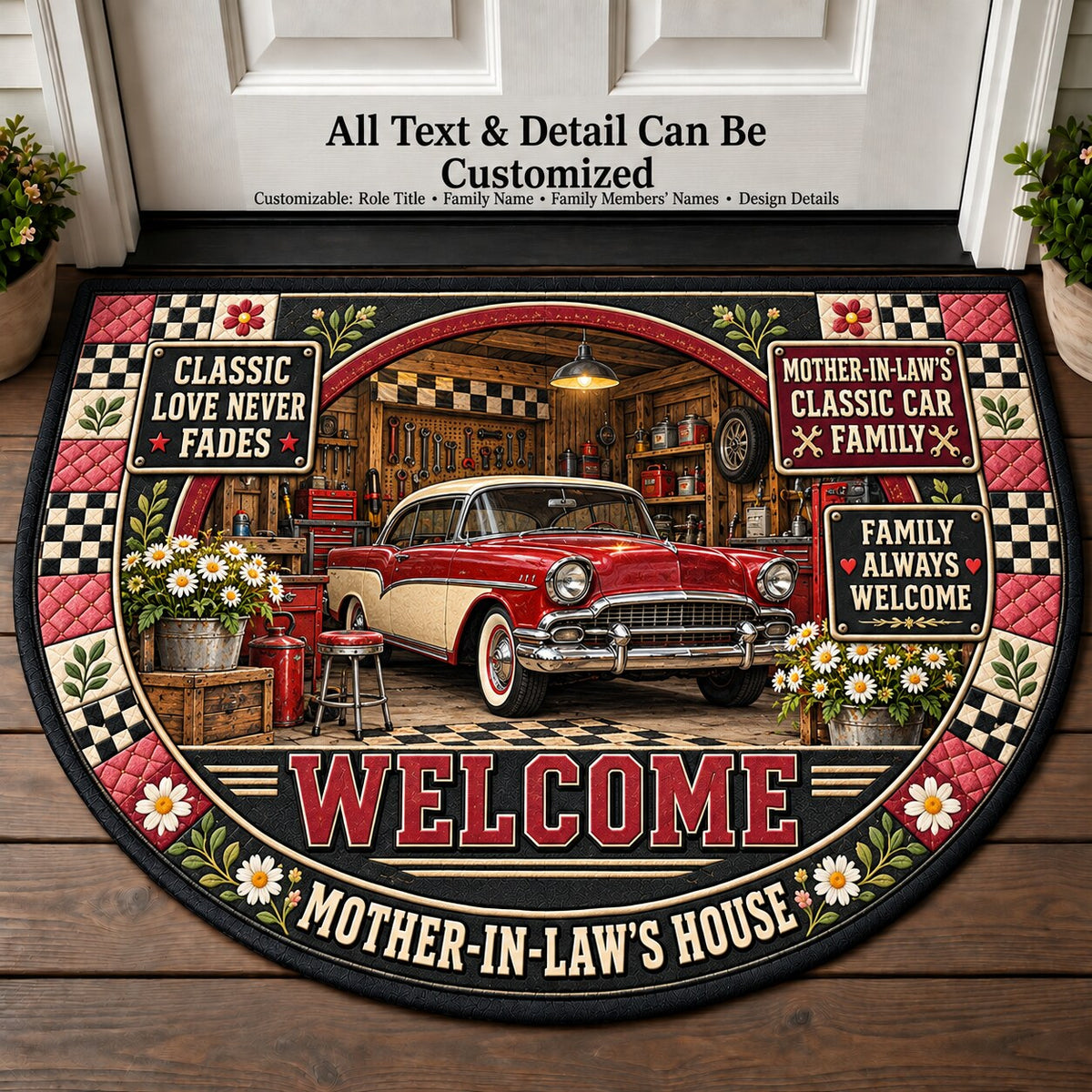 Mother-in-Law's Classic Car Family Personalized Half Round Mat | 5To9Vibe