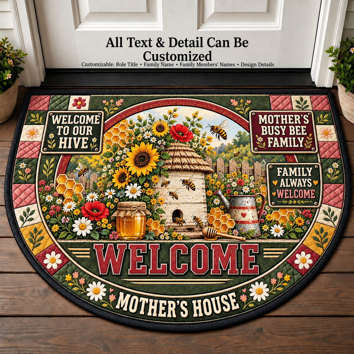 Mother's Busy Bee Family Personalized Half Round Mat | 5To9Vibe