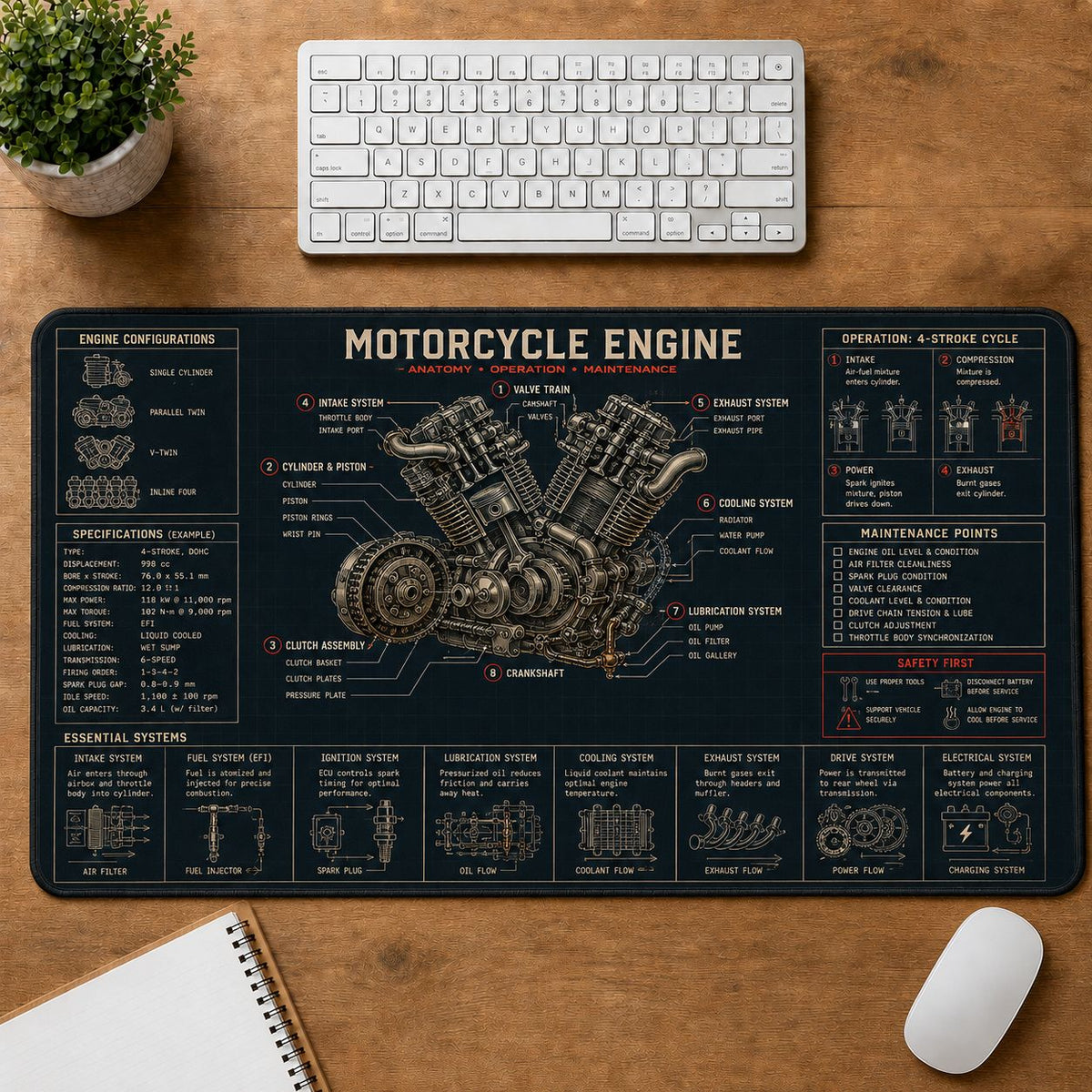 Motorcycle Engine Automotive Technical Guide Desk Mat | 5To9Vibe