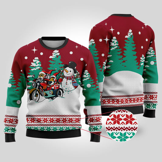 Motorcycle Santa Ugly Christmas Sweater Cardinal Red - Funny Ugly Christmas Sweater
