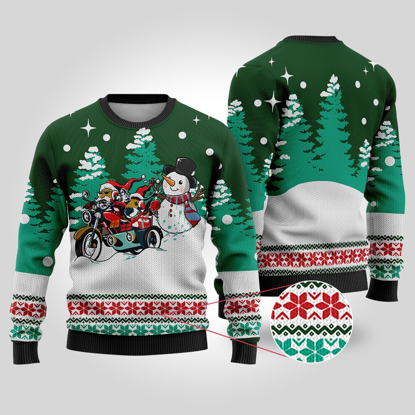 Motorcycle Santa Ugly Christmas Sweater Forest Green - Funny Ugly Christmas Sweater