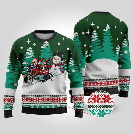Motorcycle Santa Ugly Christmas Sweater Forest Green - Funny Ugly Christmas Sweater