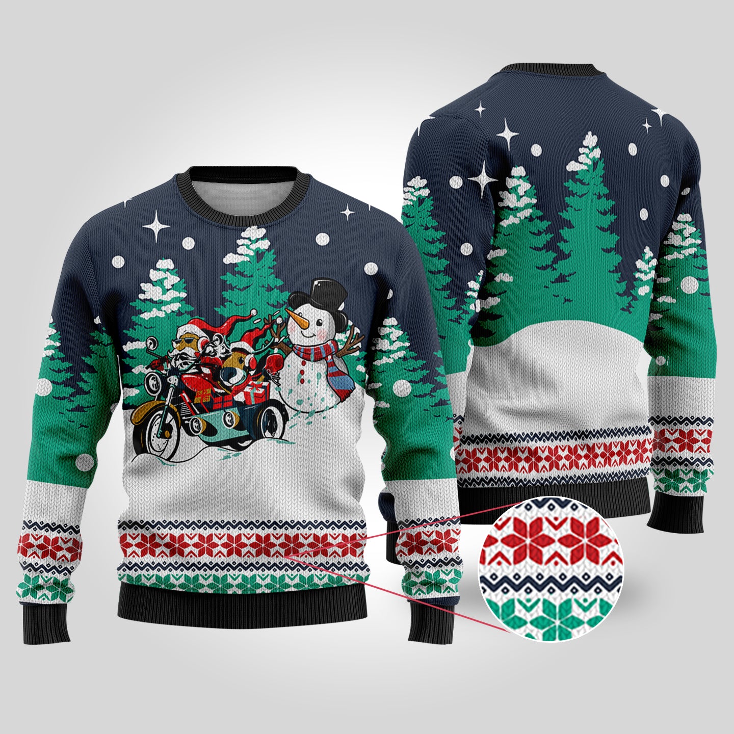 Motorcycle Santa Ugly Christmas Sweater Navy - Funny Ugly Christmas Sweater