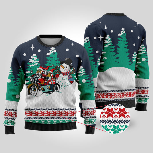 Motorcycle Santa Ugly Christmas Sweater Navy - Funny Ugly Christmas Sweater