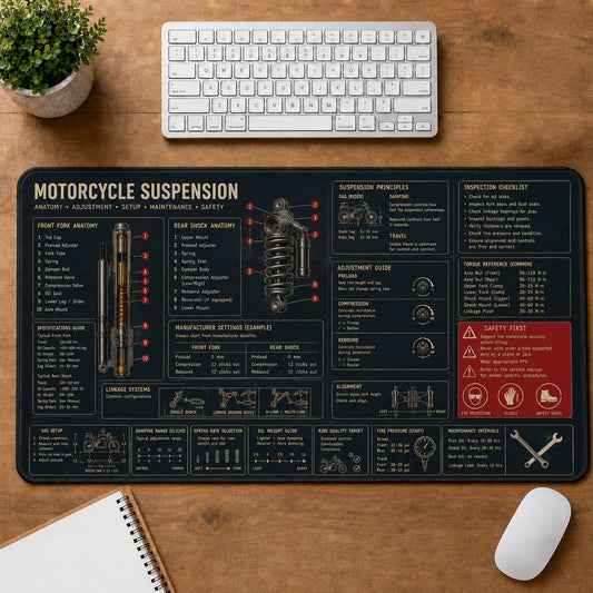 Motorcycle Suspension Automotive Technical Guide Desk Mat | 5To9Vibe