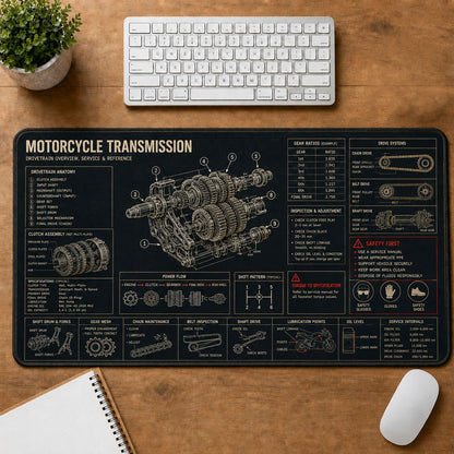 Motorcycle Transmission Automotive Technical Guide Desk Mat | 5To9Vibe