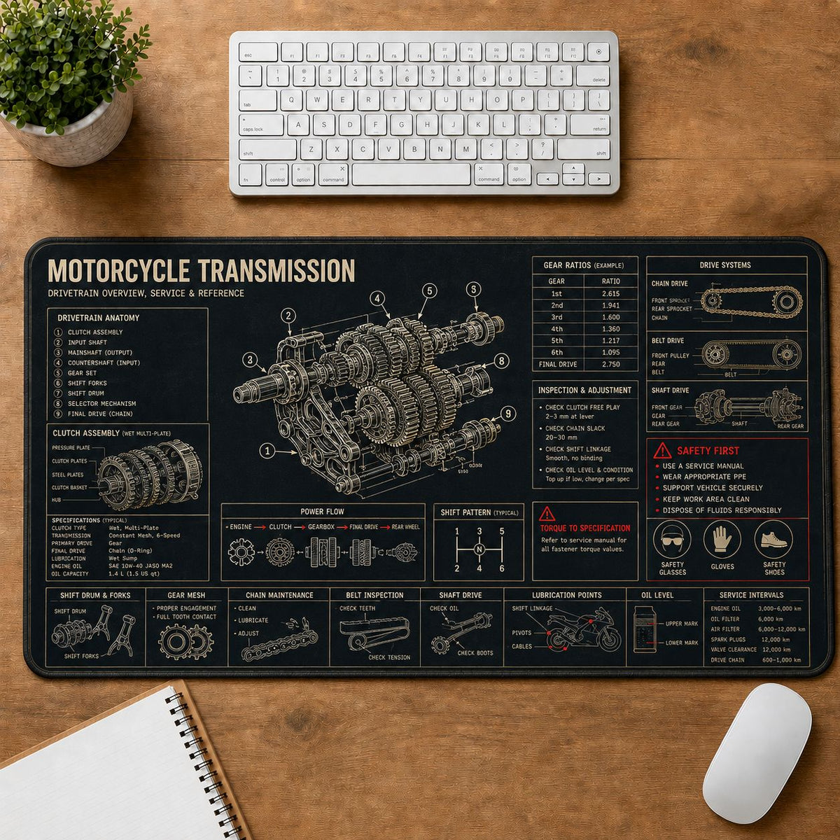 Motorcycle Transmission Automotive Technical Guide Desk Mat | 5To9Vibe