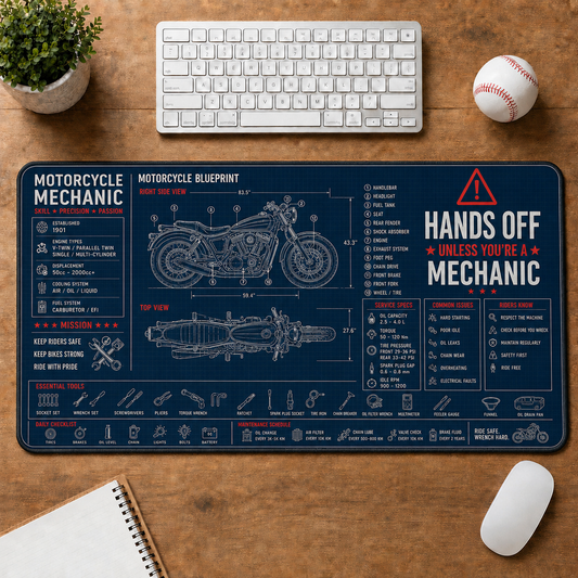 Motorcycle Mechanic Blueprint Large Desk Mat - Motorcycle Anatomy & Service Specs Plus Size Mouse Pad - 5to9vibe