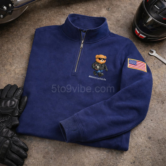 Motorcycle Embroidered Quarter Zip Sweatshirt, Funny Motorcycle Bear Pullover, Men's Casual Zip Up Jacket, Gift for Motorcycle Lover Dad
