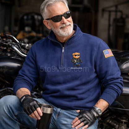 Motorcycle Embroidered Quarter Zip Sweatshirt, Funny Motorcycle Bear Pullover, Men's Casual Zip Up Jacket, Gift for Motorcycle Lover Dad