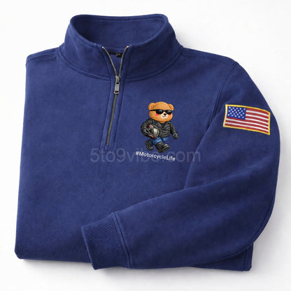 Motorcycle Embroidered Quarter Zip Sweatshirt, Funny Motorcycle Bear Pullover, Men's Casual Zip Up Jacket, Gift for Motorcycle Lover Dad