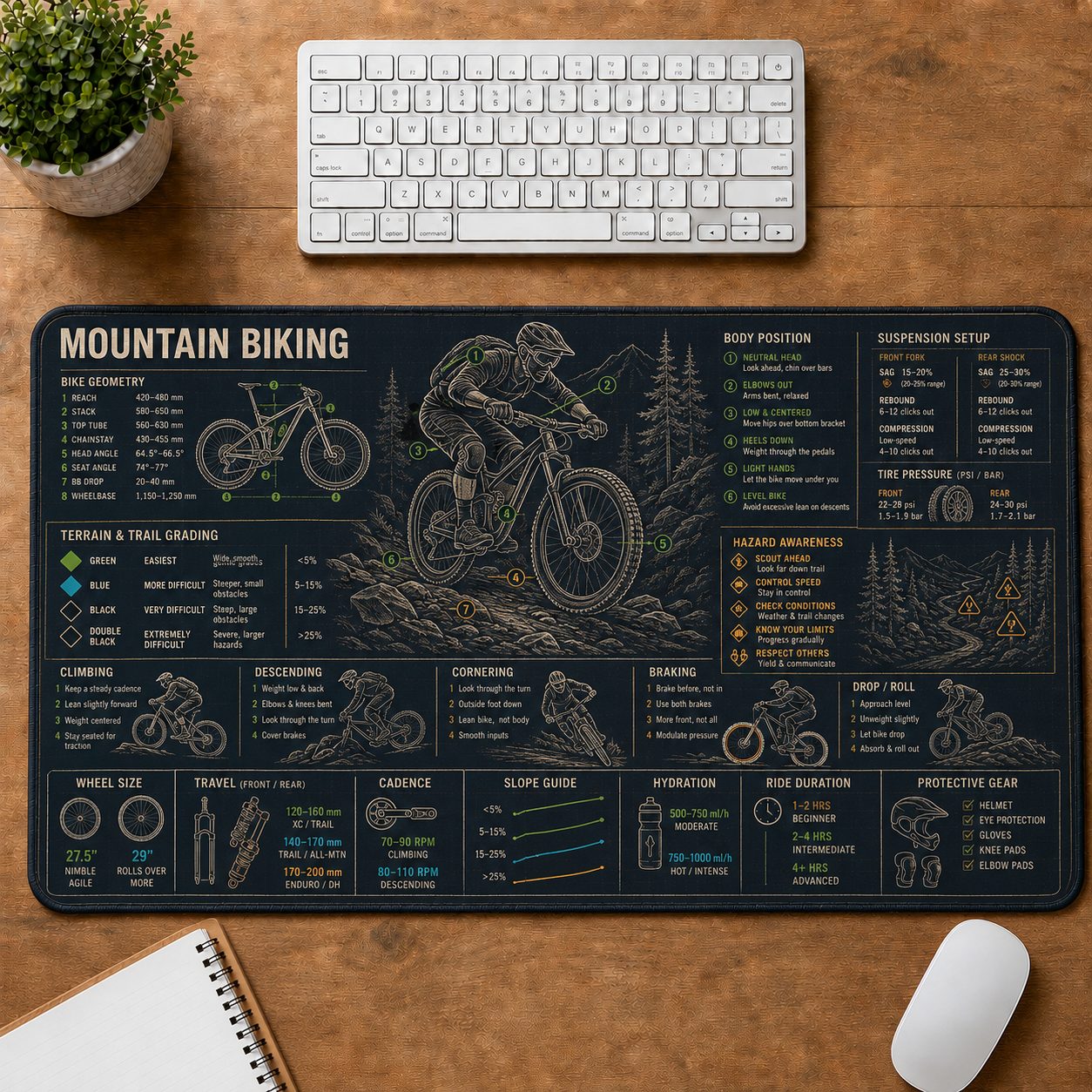 Mountain Biking Sports Visual Guide Desk Mat | 5To9Vibe