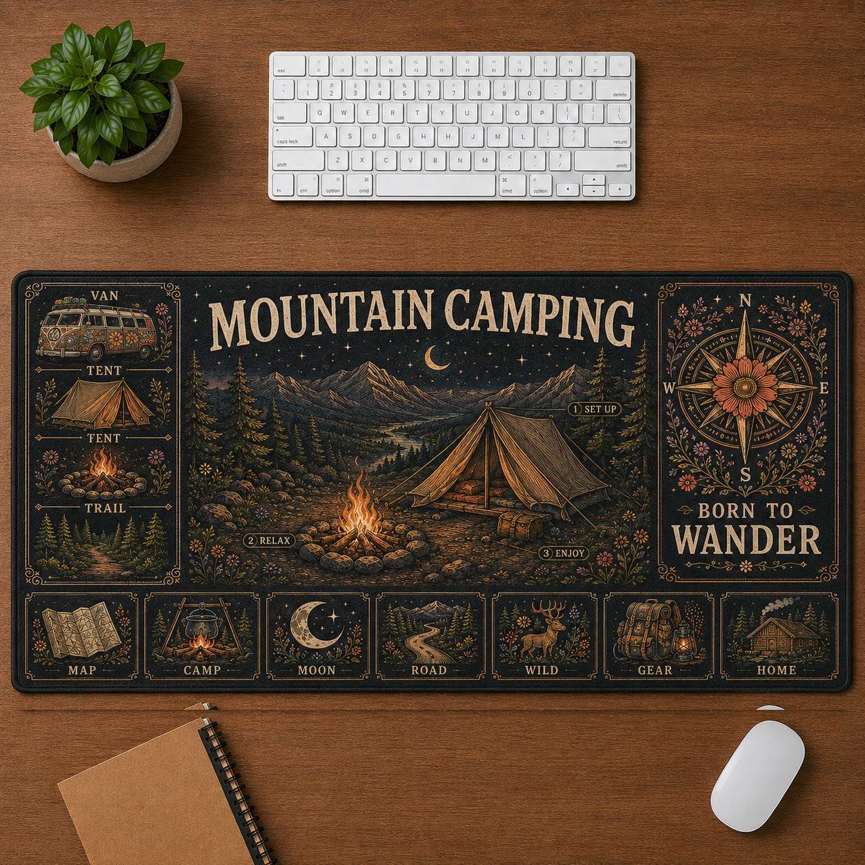 Mountain Camping Hippie Desk Mat Mouse Pad | 5To9Vibe - Mountain Camping style