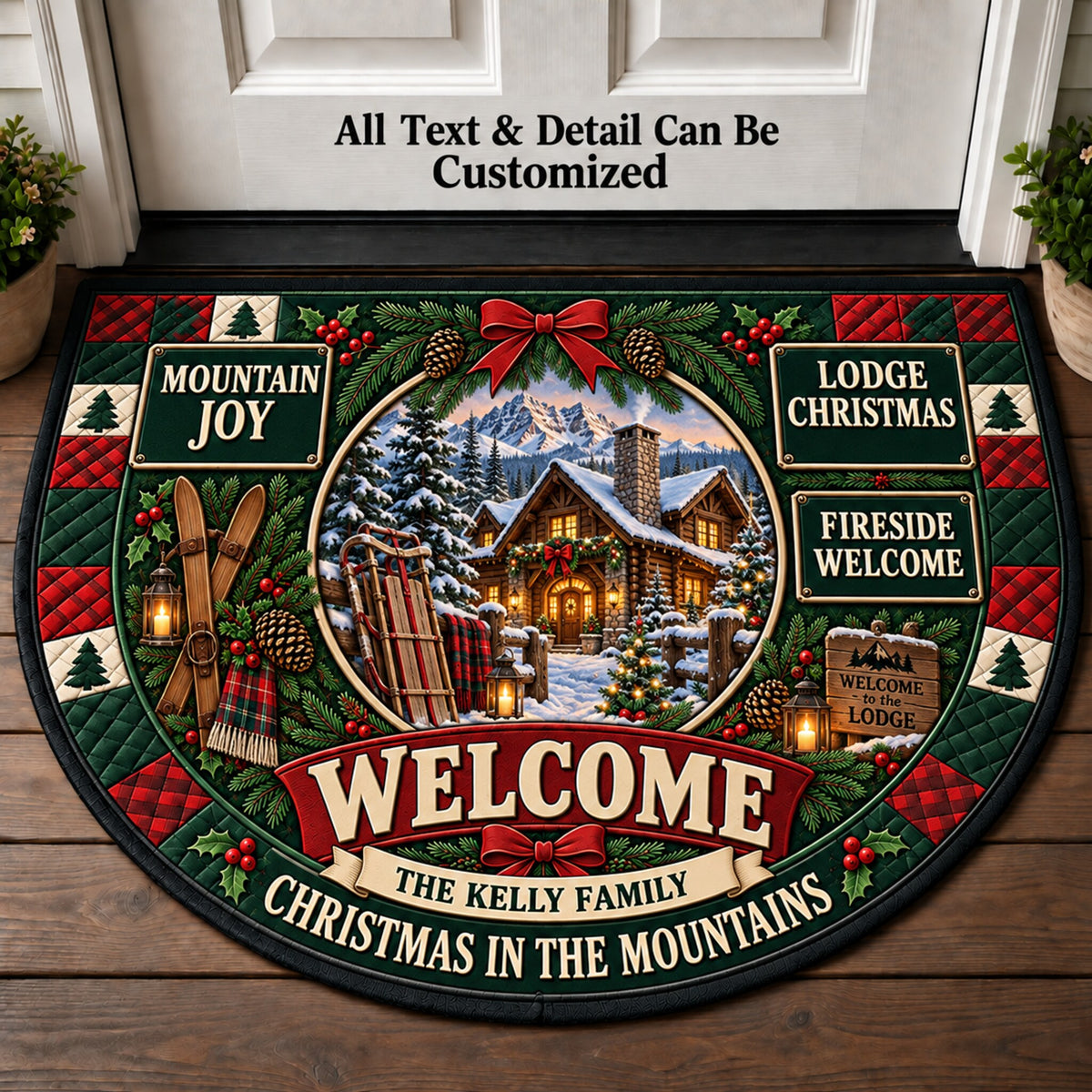 Mountain Lodge Christmas Personalized Half Round Mat | 5To9Vibe