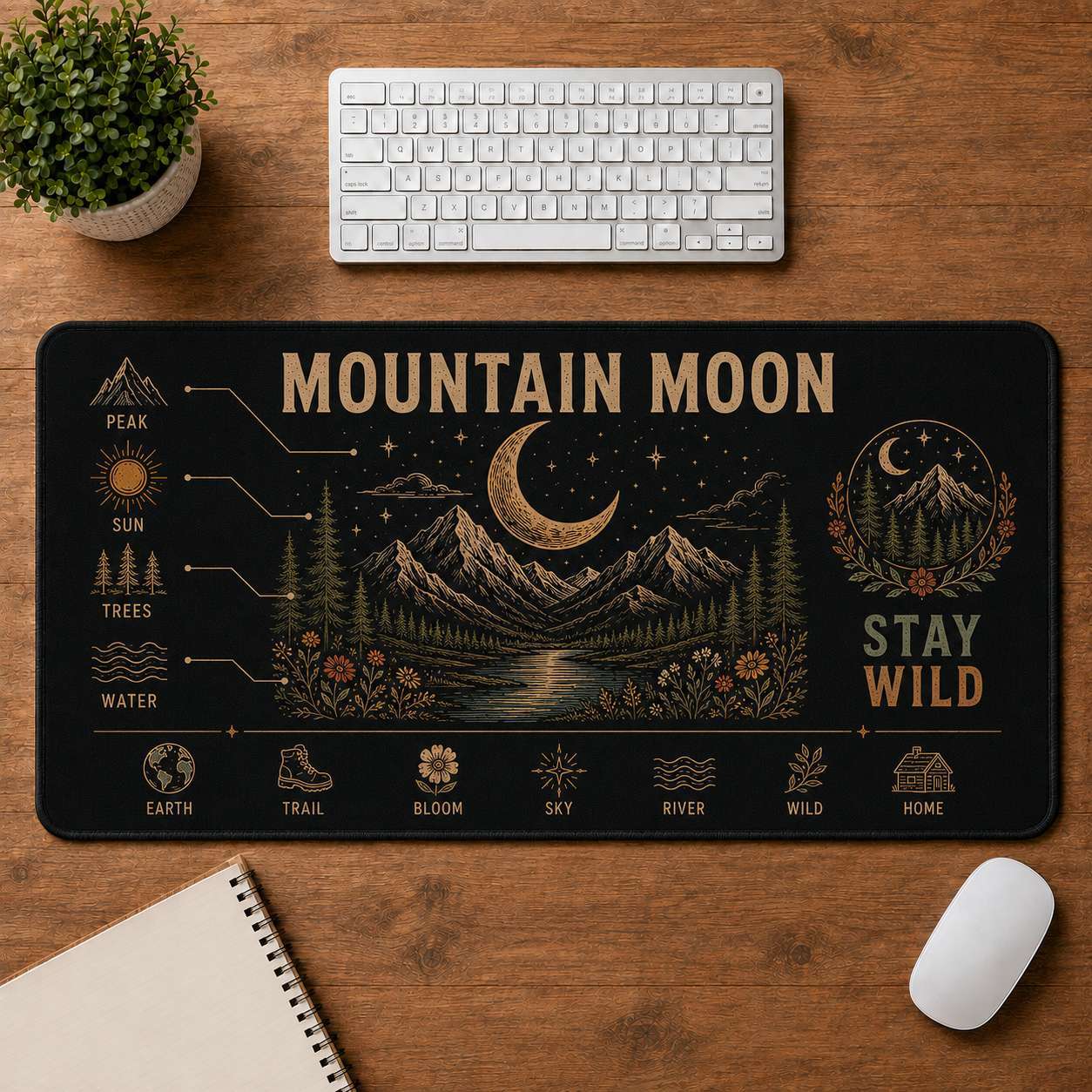 Mountain & Sun Hippie Desk Mat Mouse Pad | 5To9Vibe - Mountain Moon style