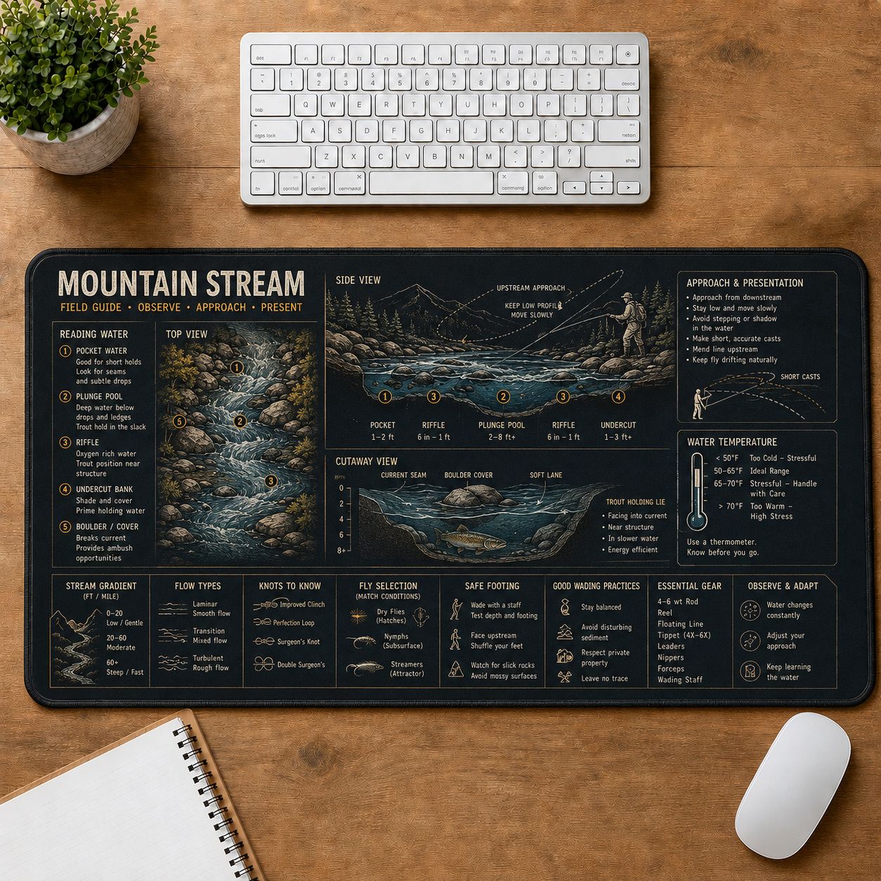 Mountain Stream Fishing Fishing Field Guide Desk Mat | 5To9Vibe